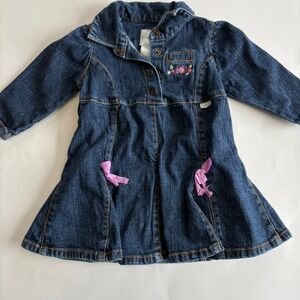 Guess Baby Denim Dress 12M Floral Embroidered Bows Pleated Y2K Style Long Sleeve